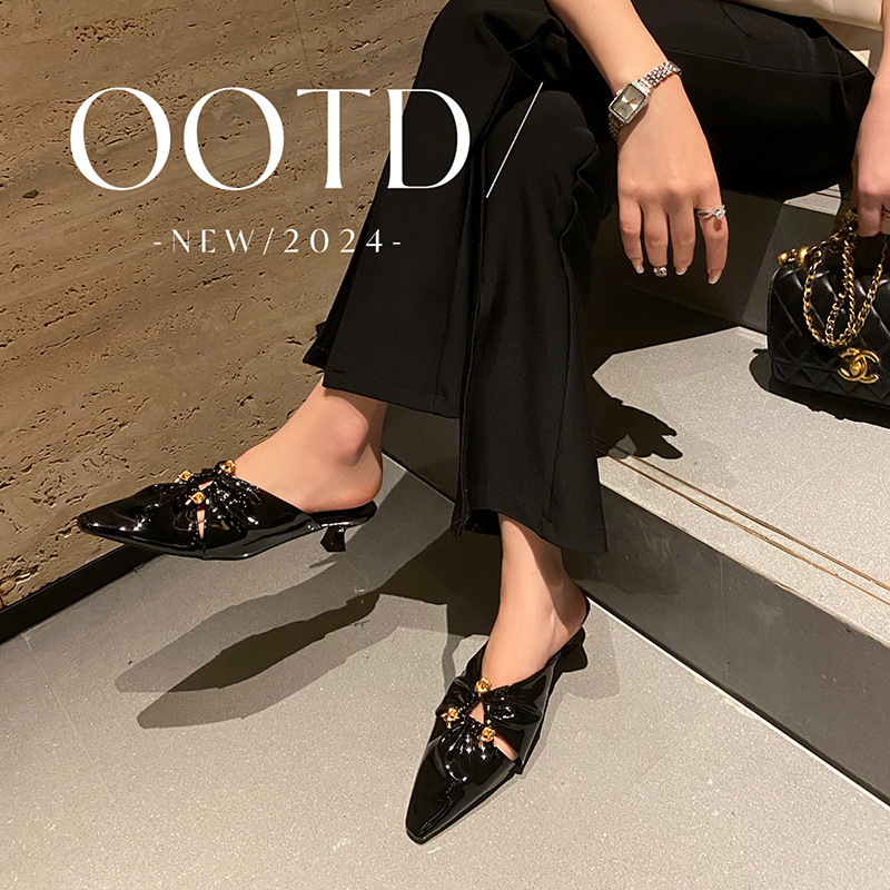 Grava madre ~ nicho de metal triangular hebilla hueco plegado cabeza de la mitad zapatillas de mujer zapatos cuadrados mueller