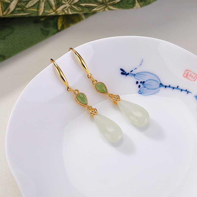 Bông tai bạc S925 mạ vàng đính ngọc Hetian hình giọt nước phong cách cổ điển — Mẫu bạc