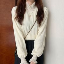 小香风蕾丝雪纺衫女秋冬季2025新款内搭加绒半高领打底衫白色上衣