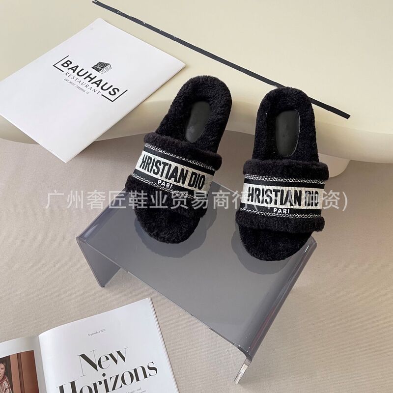 2025年秋冬季新款D家毛毛拖鞋女时尚百搭保暖刺绣字母厚底一字拖|undefined