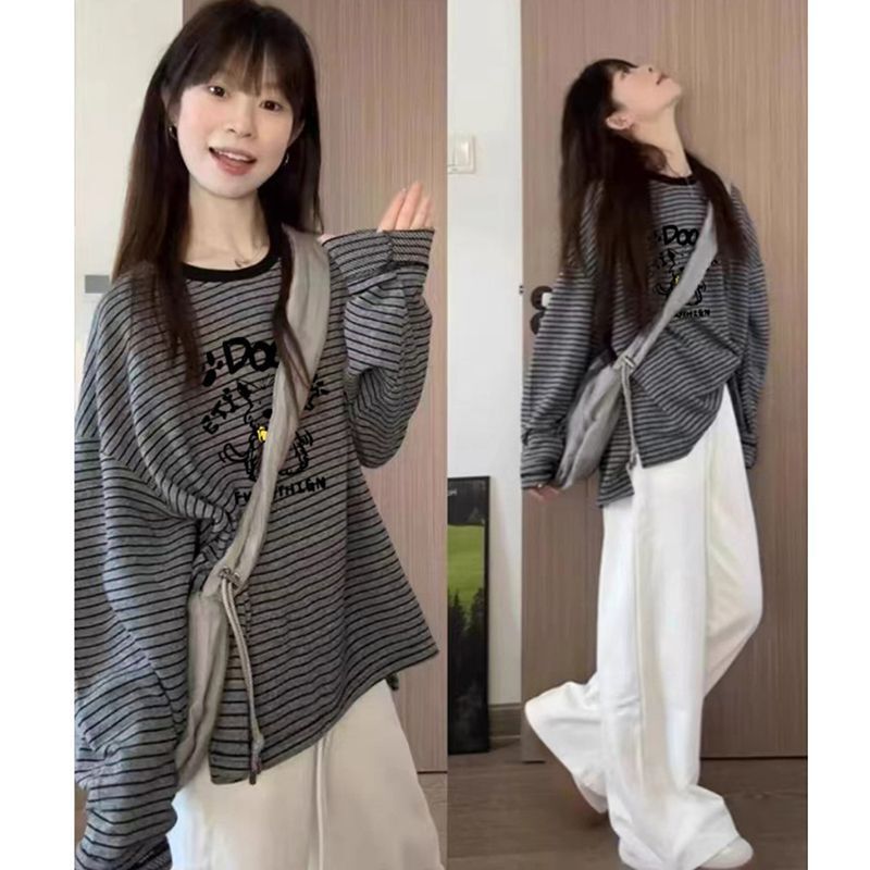 黑色纯棉条纹长袖T恤女秋冬2025新款洋气宽松慵懒风圆领百搭上衣|undefined