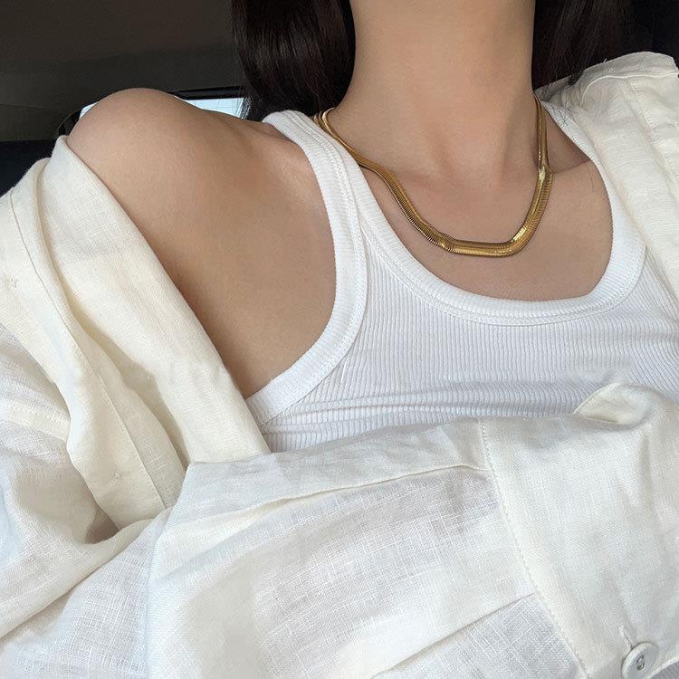 22g Weight Necklace Classification 1 Piece Quantity Casual, Daily Occasion Titanium Steel Material European And American Ins Bloggers Same Style Super Thick Widened 18k Gold Plated Super Bright Snake Bones Chain Flat Chain Pure Necklace Hot Girl Necklace Titanium Steel