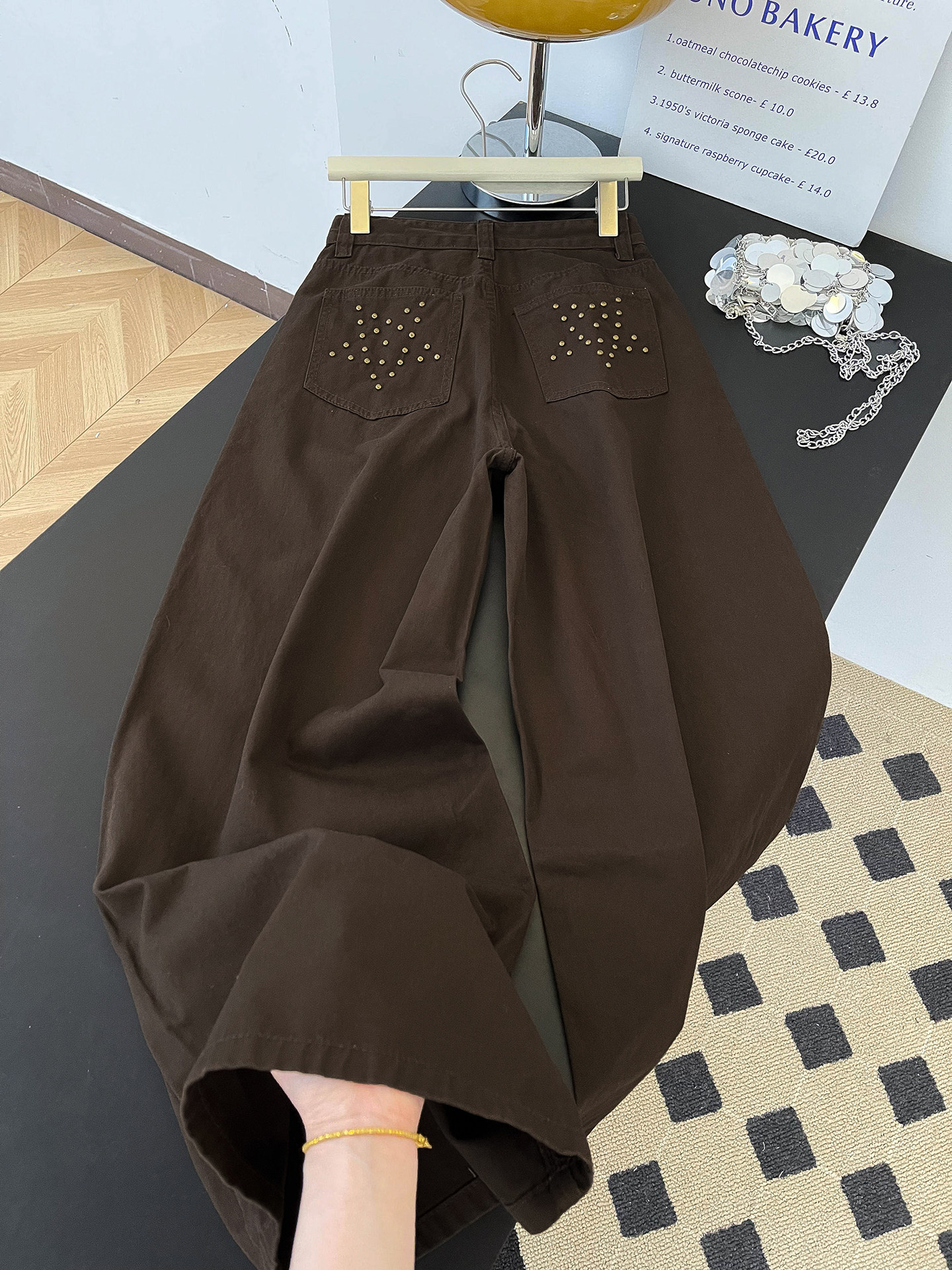 Women's High-Waisted Slimming Wide Leg Trousers Brown Rhinestone Patchwork Casual Denim Jeans Pocket Detail Retro American Style Spring Fashion_ecoleips.com