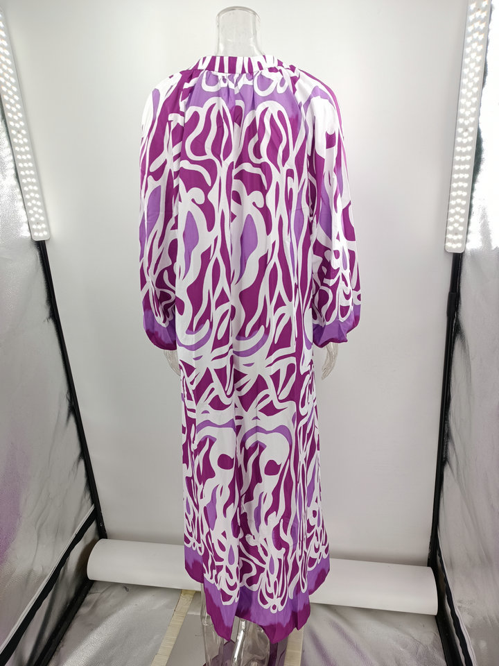 Women's printed pullover long sleeve long skirt V-neck swing loose dress_mkmklike.com