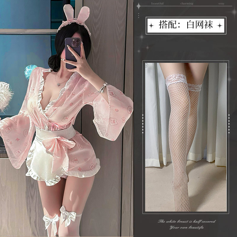 핑크 토끼 [머리띠 포함] + 흰색 망사 스타킹