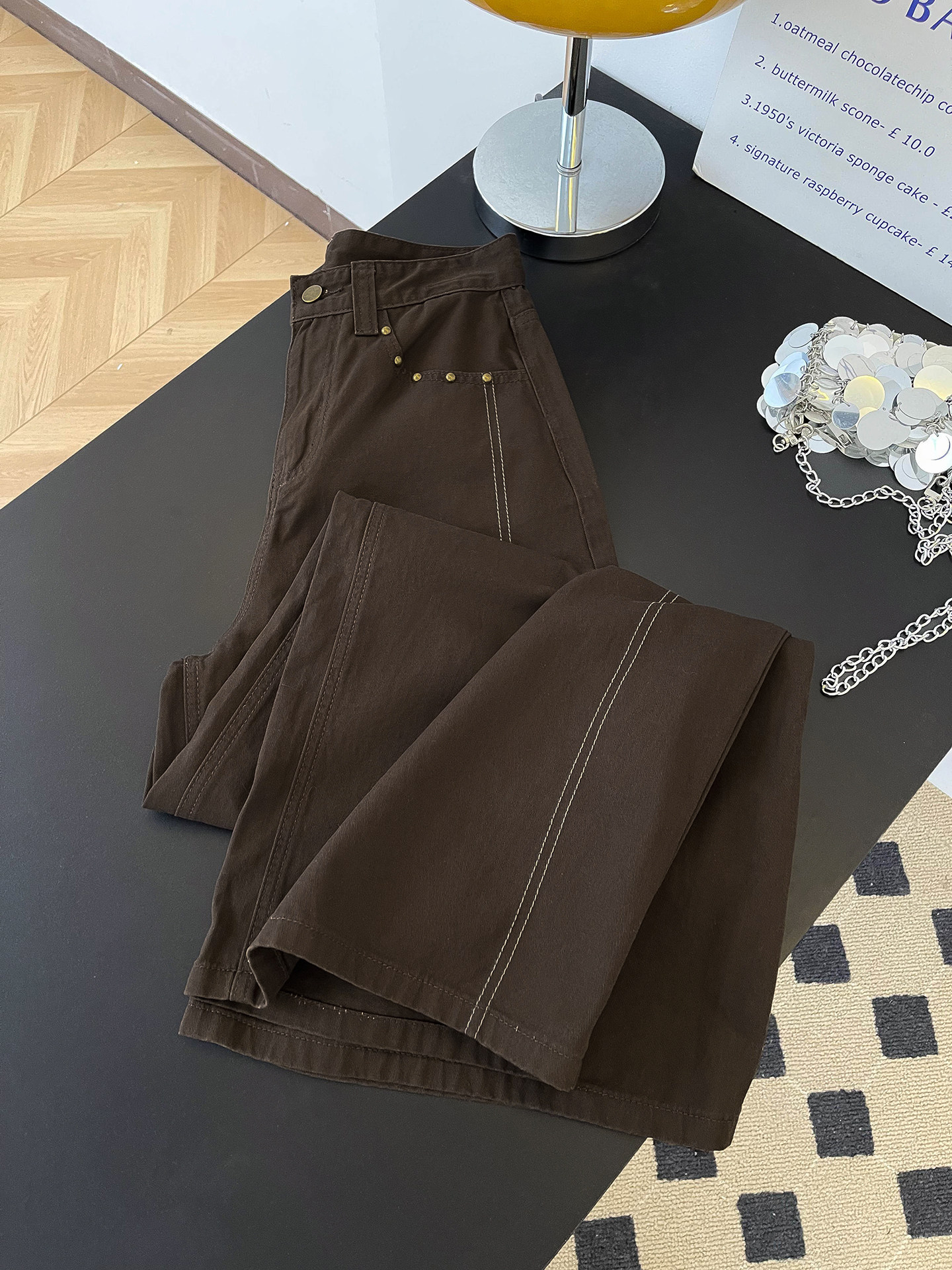 Women's High-Waisted Slimming Wide Leg Trousers Brown Rhinestone Patchwork Casual Denim Jeans Pocket Detail Retro American Style Spring Fashion_ecoleips.com