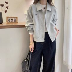 浅灰色翻领卫衣外套女2025年春季新款韩版显瘦短款夹克开衫上衣潮