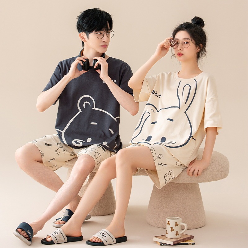Summer New 7A Cotton Couple Pajamas Short-sleeved Shorts Pullover Thin Women's Cartoon Home Clothes suit