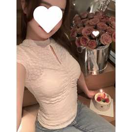 纯欲风蕾丝T恤女装设计感小众夏季修身短款镂空辣妹气质短袖上衣