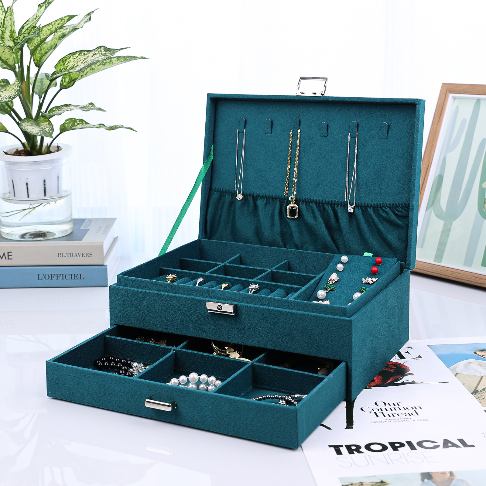 德莱士双层墨绿色多功能首饰收纳盒现货首饰托盘带盖珠宝收纳箱