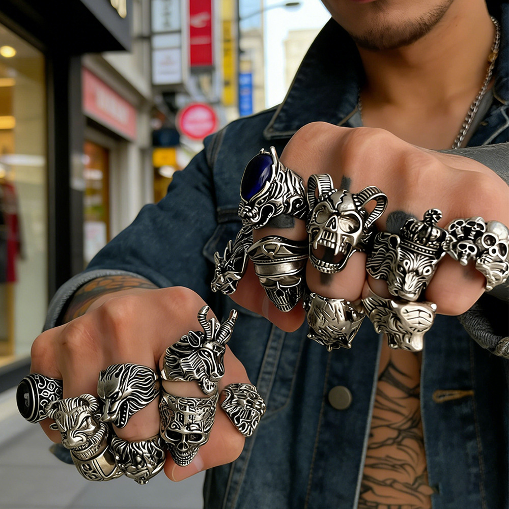 Europe and the United States cross-border jewelry new 16 pieces alloy suit ring men's hip-hop trend all-match exaggerated wind accessories