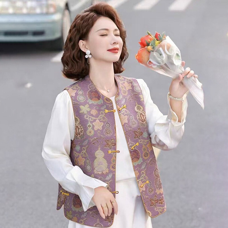New Chinese-Style Mother's Vest, Spring New Model, National Style Jacquard Vest with Button Closure, Middle-Aged Women's Spring and Autumn Stylish Vest