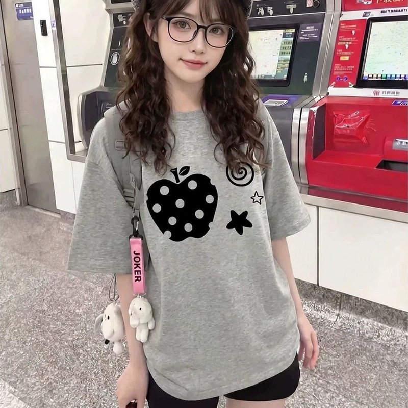 2026 Summer New Sweet Polka Dot Apple Print Short-Sleeve T-Shirt for Women, Stylish Loose Fit, Slimming and Versatile Top