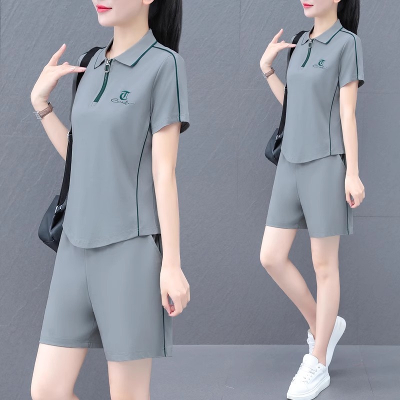 冰丝短袖短裤运动套装女夏季2025新款宽松速干夏天翻领薄款两件套|undefined
