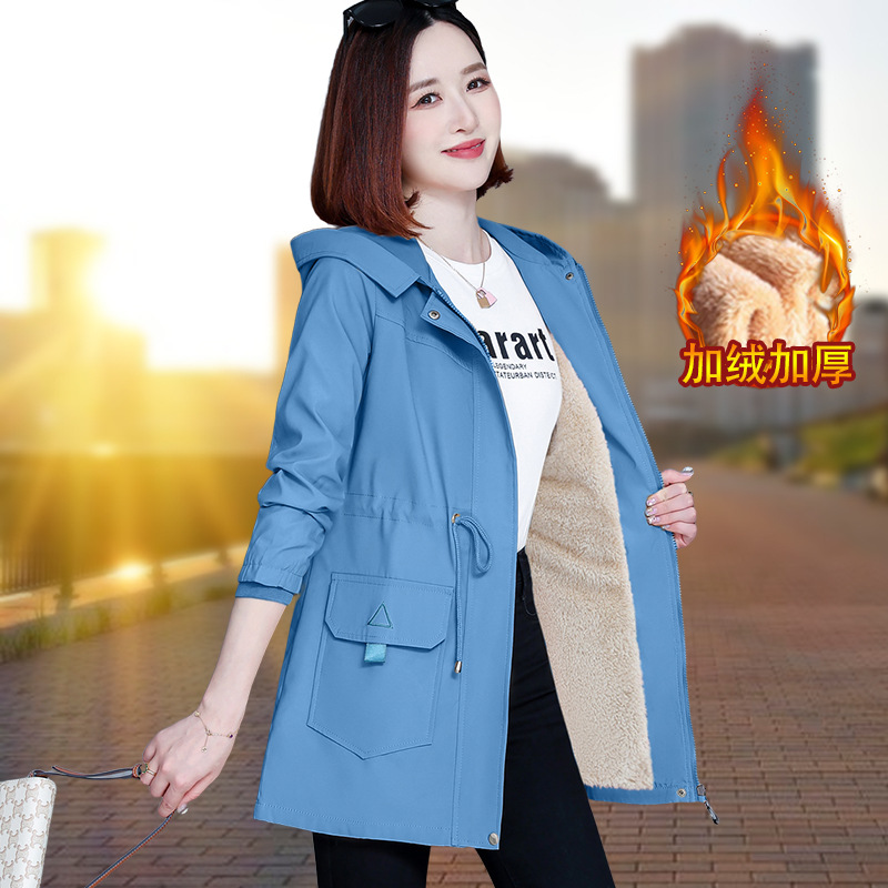 Lamb Velvet Fleece-Lined Thickeneded Warm Mid-Length Hooded Windbreaker Jacket for Women Autumn and Winter Middle-Aged Mother's Elegant Top