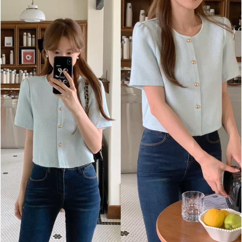 Korean Chic Style Round Neck Versatile Single-Breasted Solid Color Puff Sleeve Tweed Short Cardigan Jacket