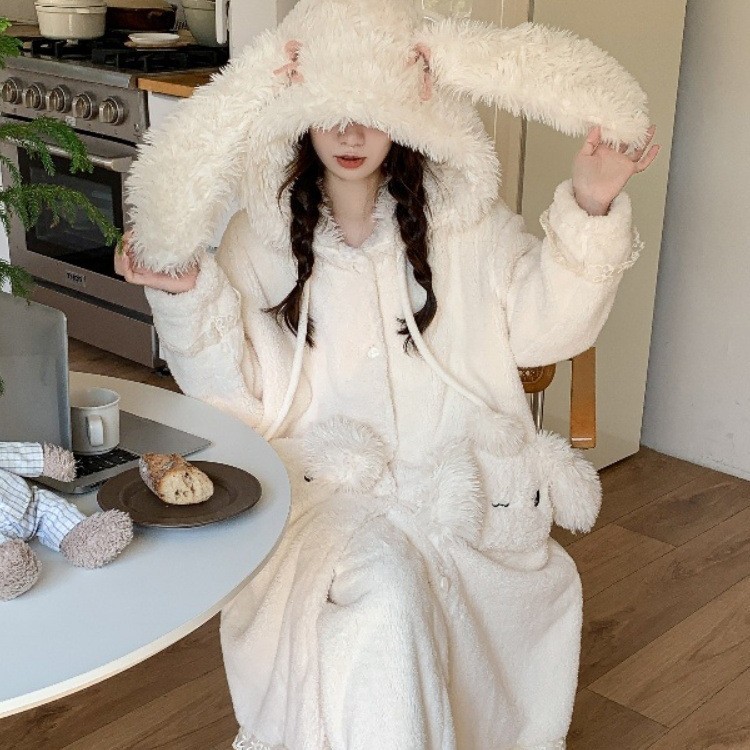 抖音爆款珊瑚绒睡袍女秋冬季毛绒带帽家居服长款加厚睡衣浴袍外披