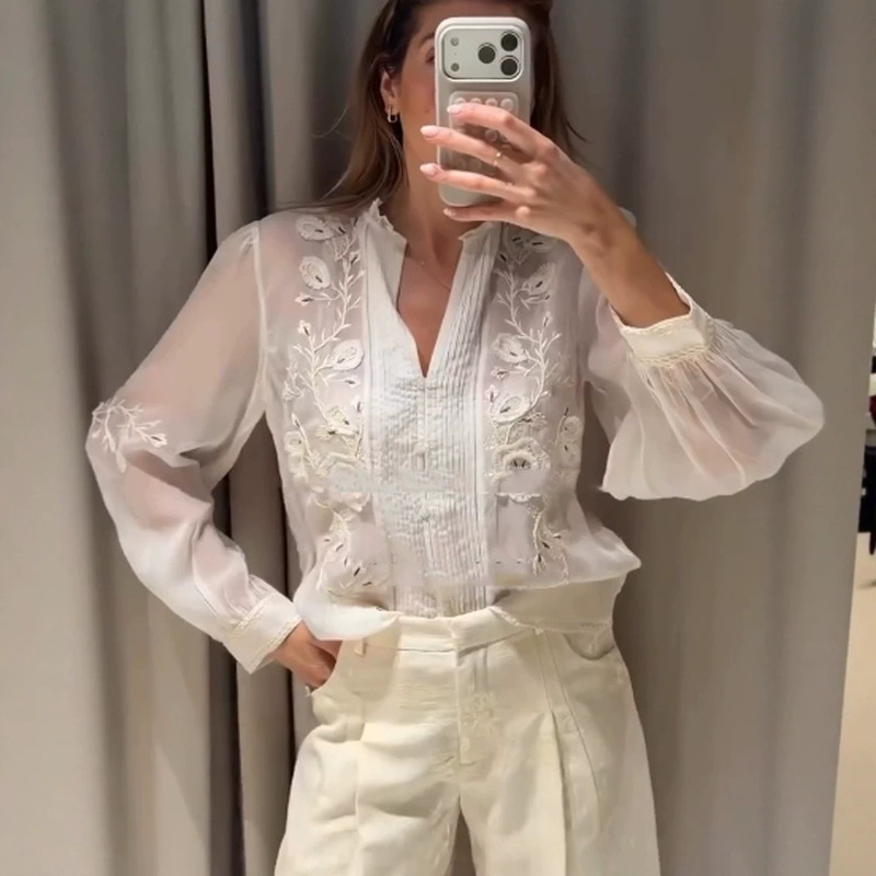 In stock - Fashionable minimalist style hollow transparent tulle shirt top, new autumn 2026 model, cross-border European and American style In stock - Fashionable minimalist style hollow transparent tulle shirt top, new autumn 2026 model, cross-border European and American style