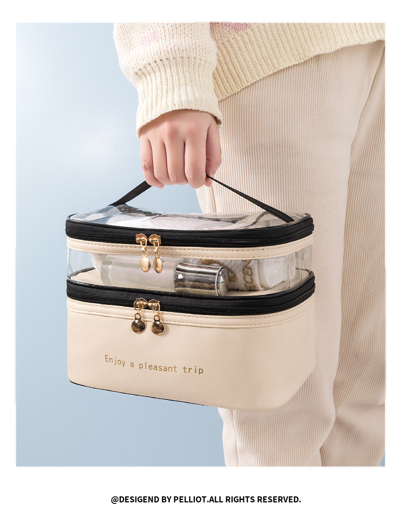 Solid Color PU Double Layer Cosmetic Bag - Pink