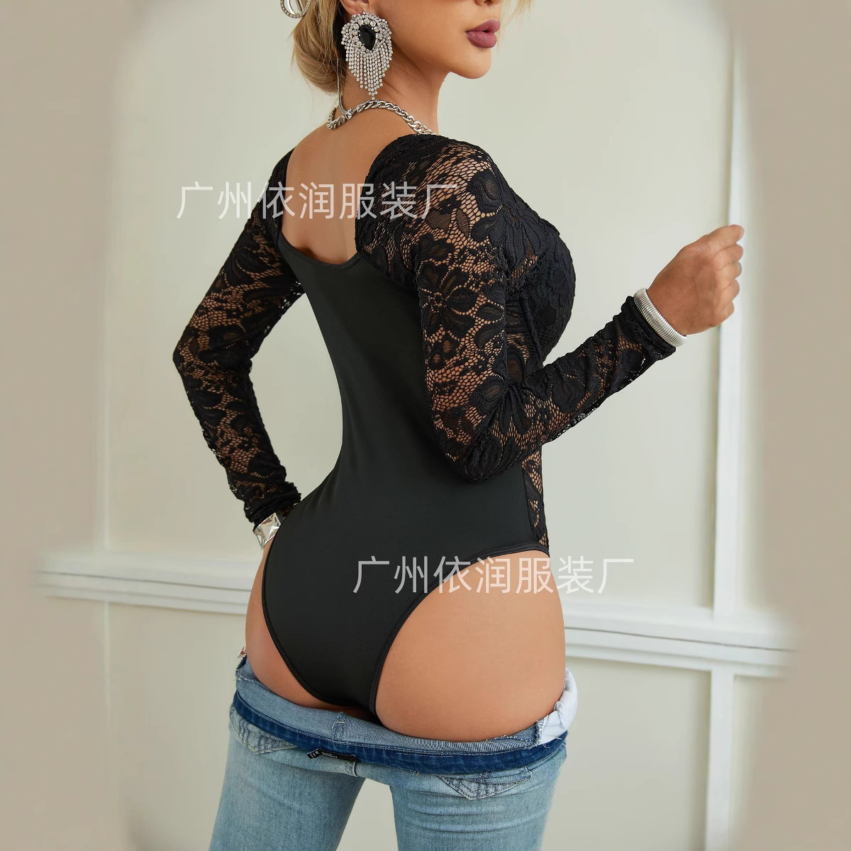 Body de Encaje Transparente con Corsé y Aros, Estilo Europeo y Americano, Ajustado y Sexy, Manga Larga, para Mujer, Otoño 2024
