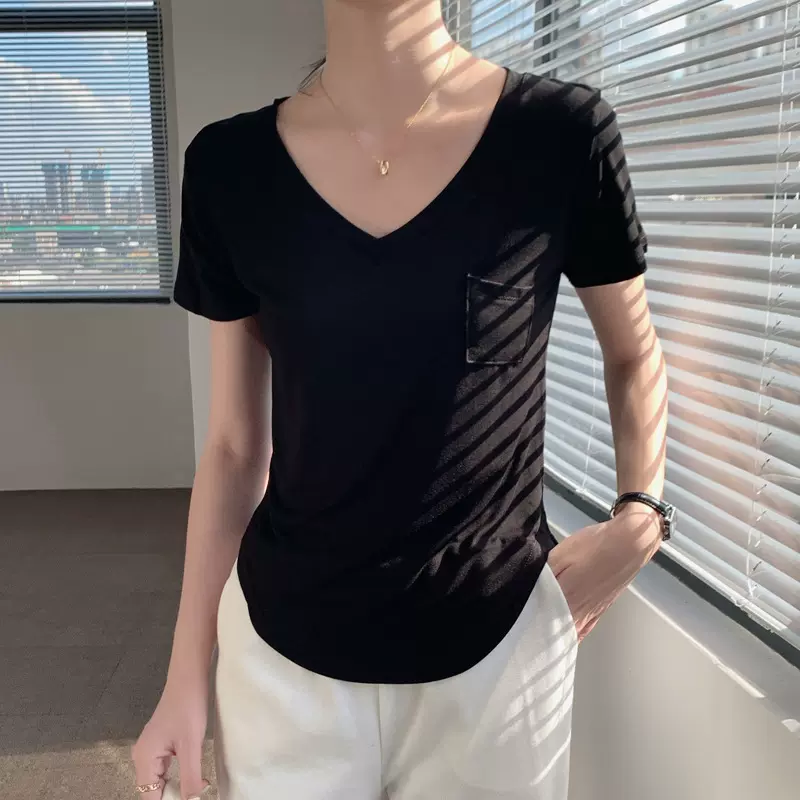 来图来样定制 T恤女夏季新款v领内搭不规则辣妹纯欲风短袖上衣潮