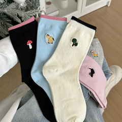 韓國襪子女ins潮女襪日系可愛小動物刺繡中筒襪女百搭撞色堆堆襪