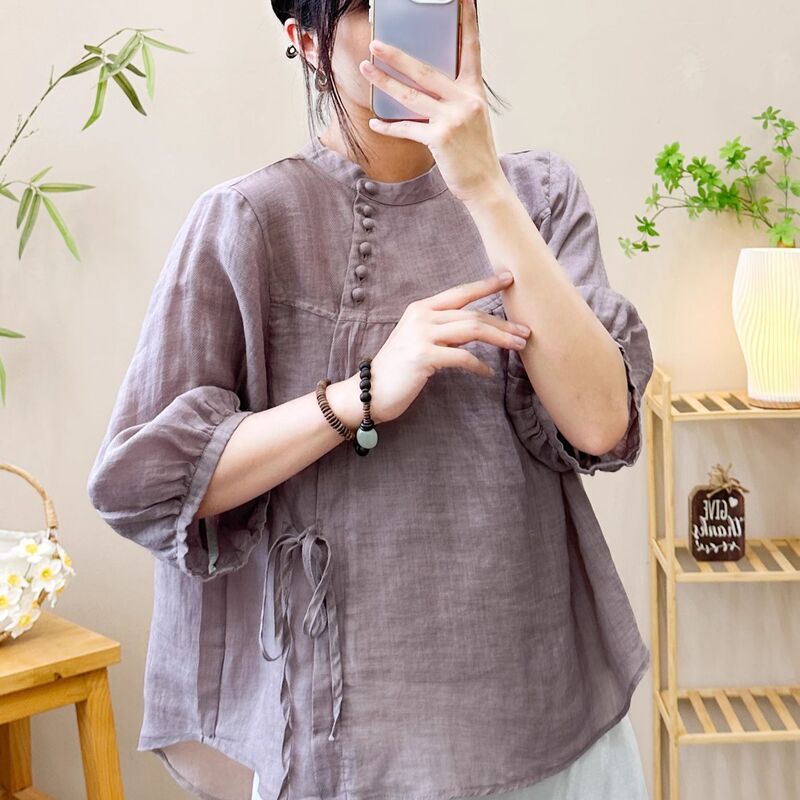 Retro Chinese Style Round Neck Cotton Half-Sleeve Shirt for Women, Elegant Blouse, Summer Thin Loose Slimming Top