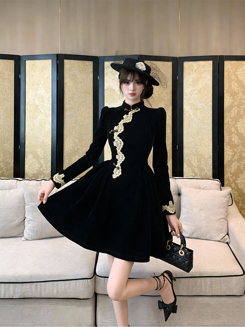 Váy sườn xám cải tiến phong cách Tân Trung Hoa chất nhung dáng suông midi — đen chi tiết 10