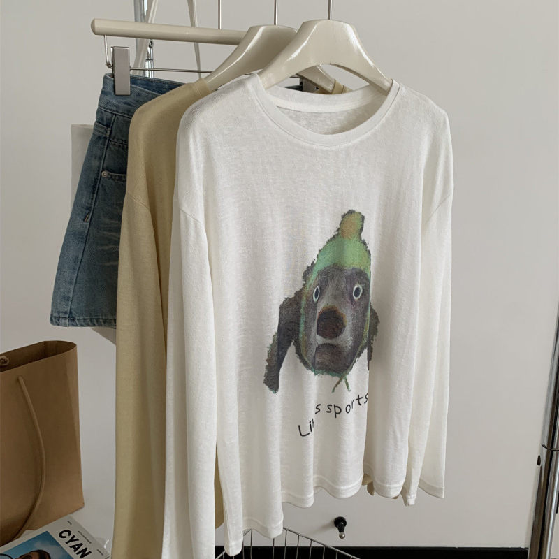 Japanese-Style Lyocell Linen Snowflake Cotton Lightweight Long-Sleeve T-Shirt with Cute Pet Dog Cartoon Print, Loose Fit, Plus Size Top