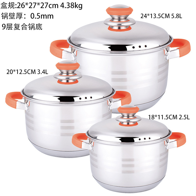Juego de utensilios de cocina de acero inoxidable 201 de grado alimenticio, olla para guisos con doble asa, olla para sopa, juego de tres piezas, fondo compuesto de 9 capas, mango de goma