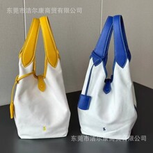 跨境P0Lo菜篮子包水桶包RL拼色牛皮帆布老钱单肩斜挎手提托特女包