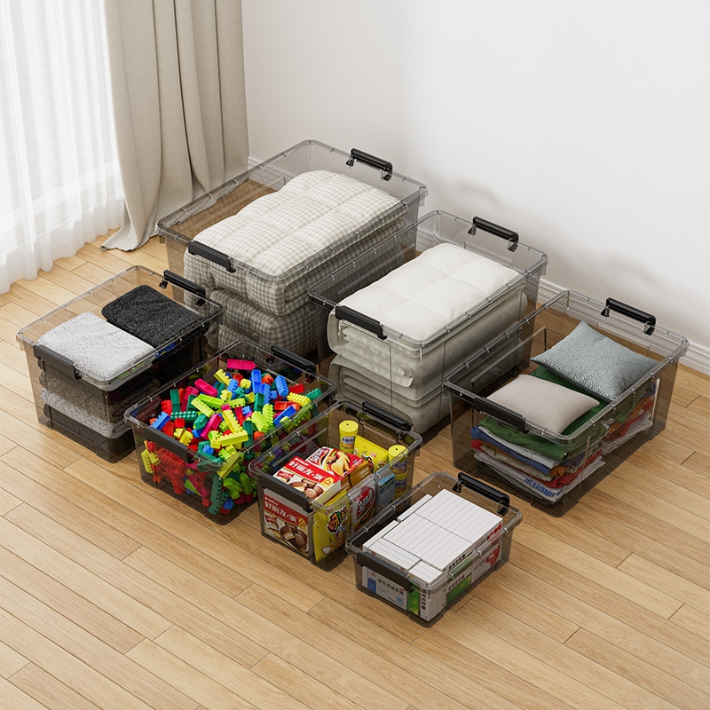 Caja de almacenamiento de plástico, ropa para el hogar, caja de almacenamiento transparente extra grande, caja de almacenamiento portátil de juguete al por mayor
