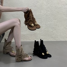 2025新款夏季百搭露趾凉靴西部靴复古绑带罗马鞋人字内增夹趾凉鞋