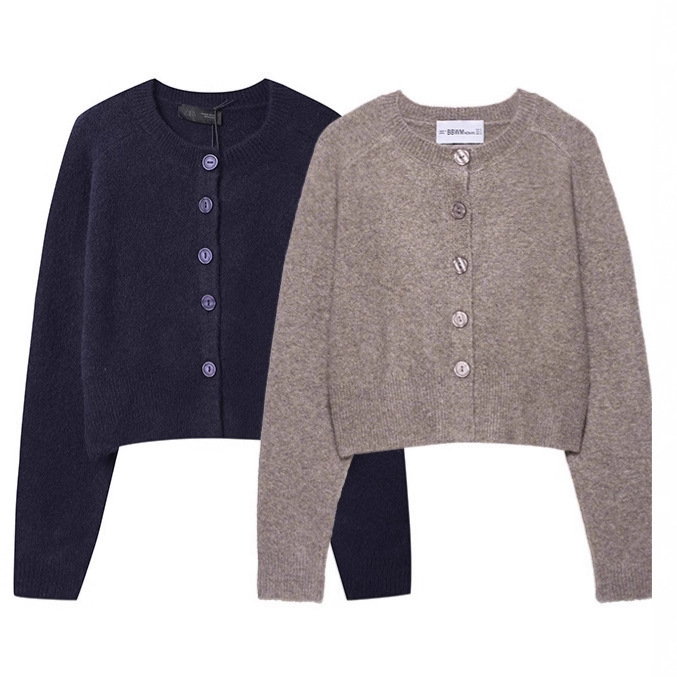 Foreign Trade Wholesale 2025 Early Autumn New Button Closed Ribbed Trim Short Round Neck Long Sleeve Knitted Versatile Jacket