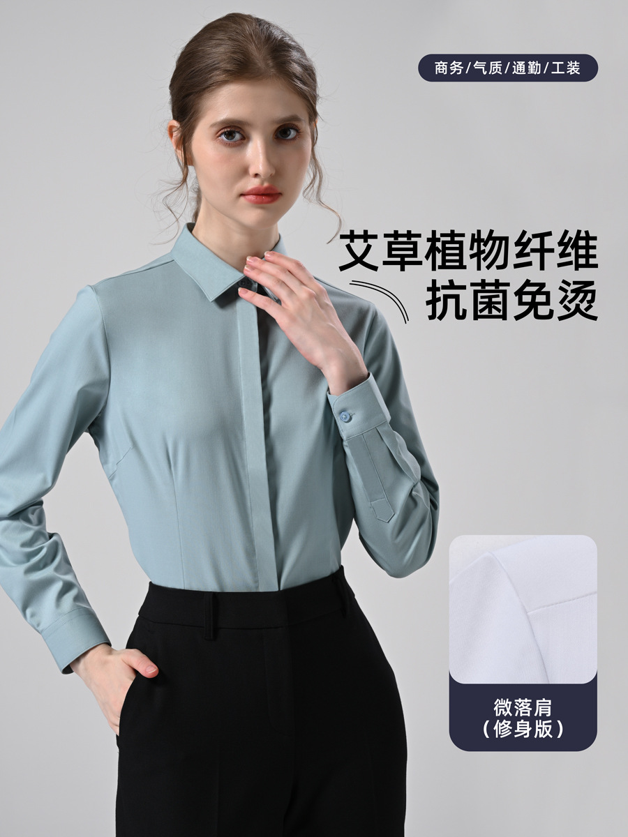 Camisa de mujer de fibra de arpía de manga larga sin planchar antibacteriano color sólido negocio Stretch Slim fit ropa de trabajo camisa de cercanías para mujeres