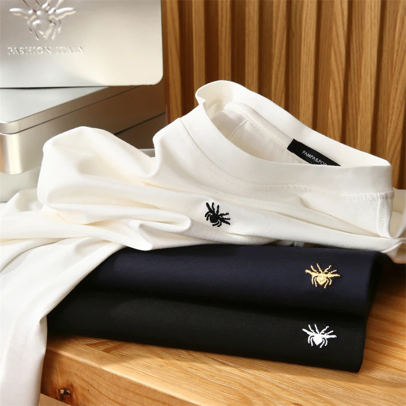 [Non-Iron Box Packaging] Imitation Cotton Fabric, Classic Short-Sleeved Cotton T-Shirt with Bee Embroidery, Light Luxury Round Neck T-Shirt, Same Style for Men and Women