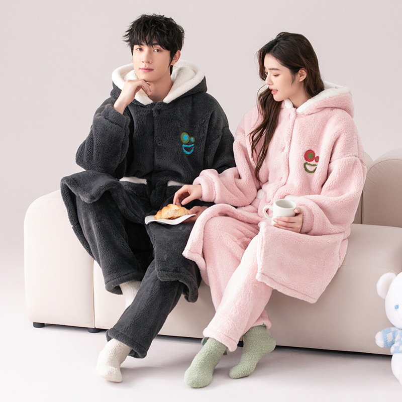 Otoño e Invierno pareja pijama de las mujeres de coral de lana engrosada de lana forrada de los hombres sueltos de franela homewear camisón traje