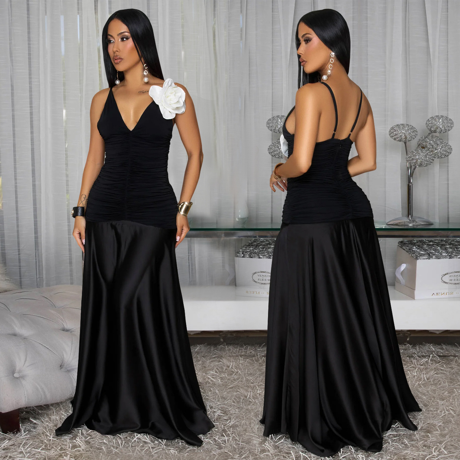 C7497 cross-border AliExpress Amazon Europa y América ropa de moda de mujer de verano flores blancas cinturón vestido de alta calidad