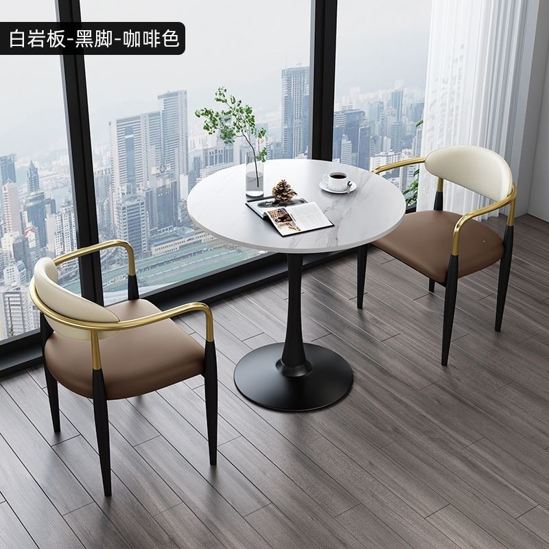 Black legs + white rock slab + brown leather, one table and two chairs
