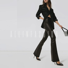 喇叭裤真皮高腰紧身欧美飒2024 设计师品牌法国弹力羊皮女装皮裤