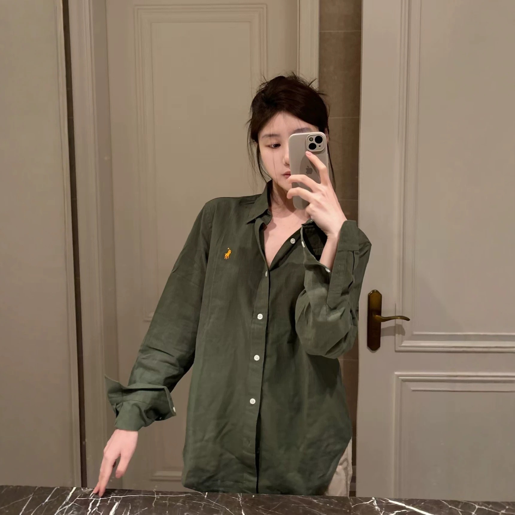 Linen Embroidered Pony Logo Long-Sleeve Shirt in Summer Olive Green, Slim Fit, Loose Casual Versatile Top