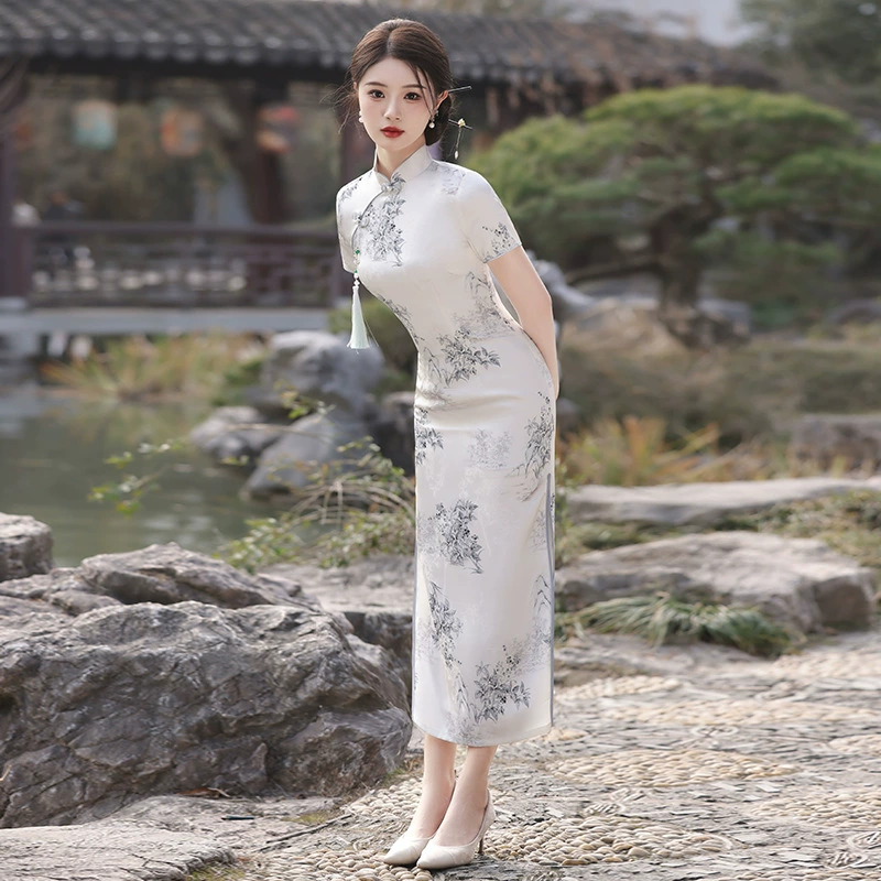 仟金公主 Retro elegante легкий чонсам, китайский стиль, с коротким рукавом