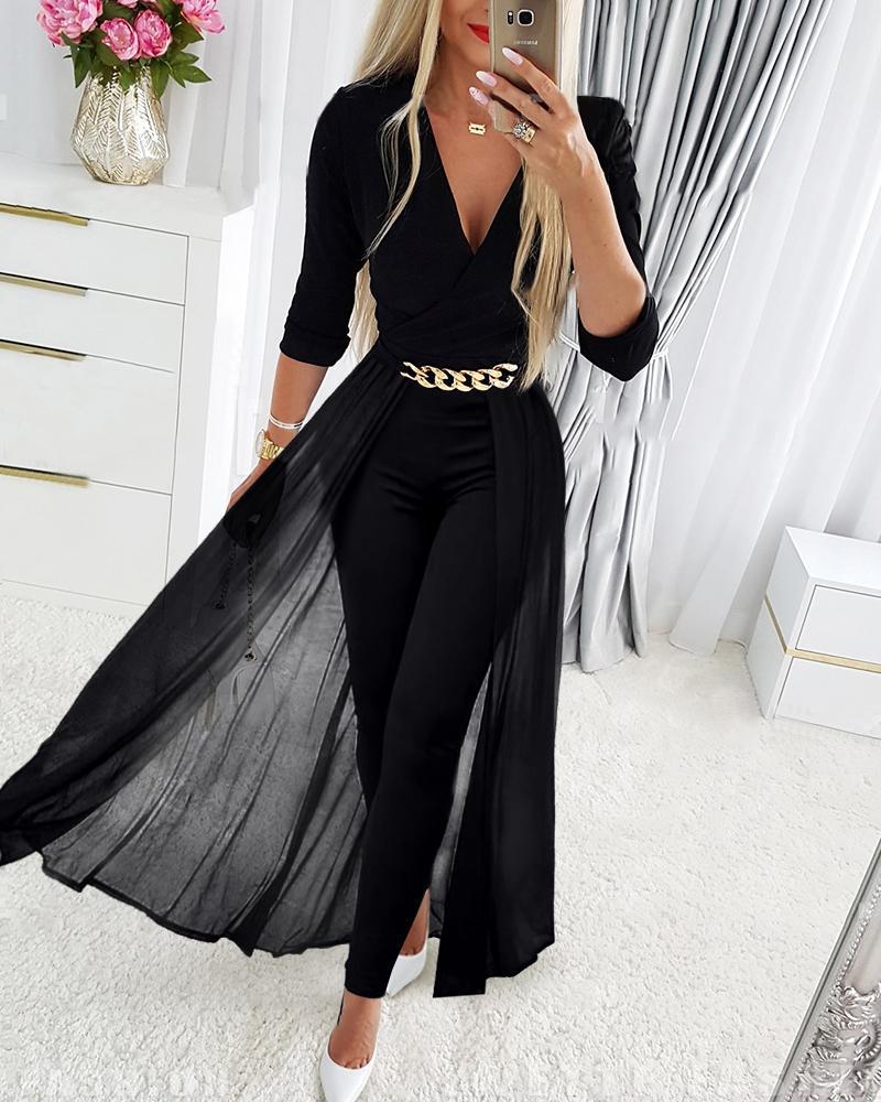 Women's shoulder mesh splicing V-neck jumpsuit_voghion.com