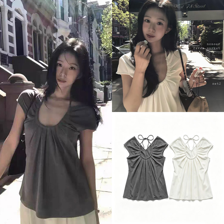 Fan Sun·Xh Korean Style Fever-Inspired Short-Sleeve T-Shirt, Dongdaemun Summer New Lace-Up U-Neck Slimming Top for Women Fan Sun·Xh Korean Style Fever-Inspired Short-Sleeve T-Shirt, Dongdaemun Summer New Lace-Up U-Neck Slimming Top for Women