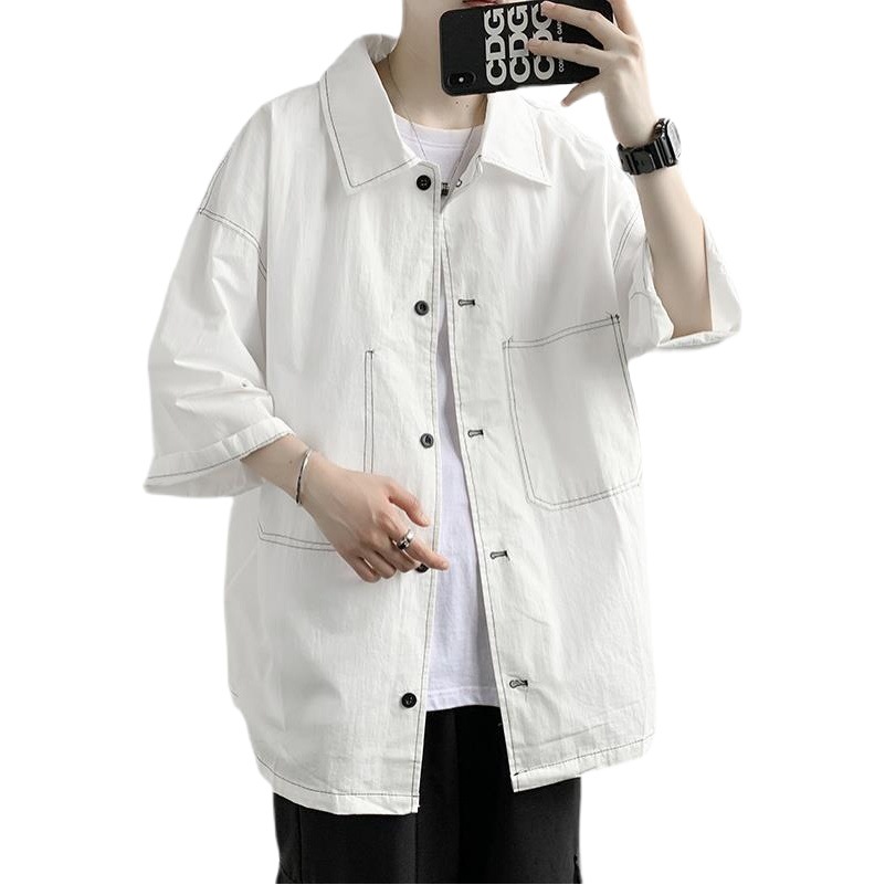 Ropa de trabajo simple camisa de manga corta verano de los hombres de moda ins estilo Hong Kong estilo japonés camisa suelta 3/4 camisa de manga delgada capa