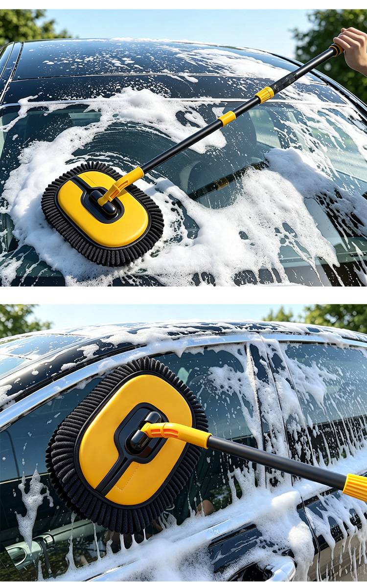 Car wash mop with curved handle, extended car brush, car cleaning tool, car wiping mop, chenille soft bristle brush