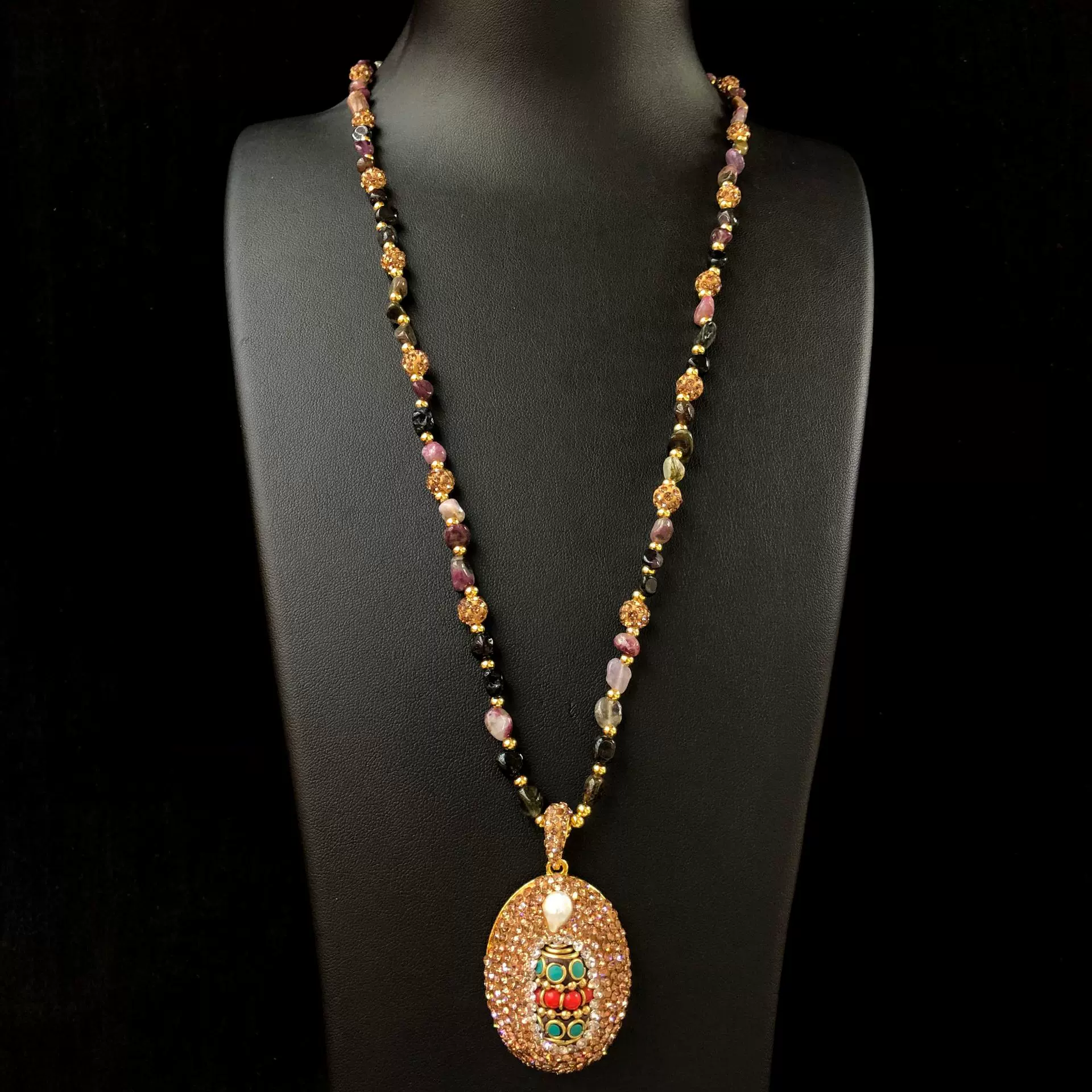 西域民族风吊坠镶嵌巴洛克淡水珍珠女款天然碧玺项链新款饰品批发