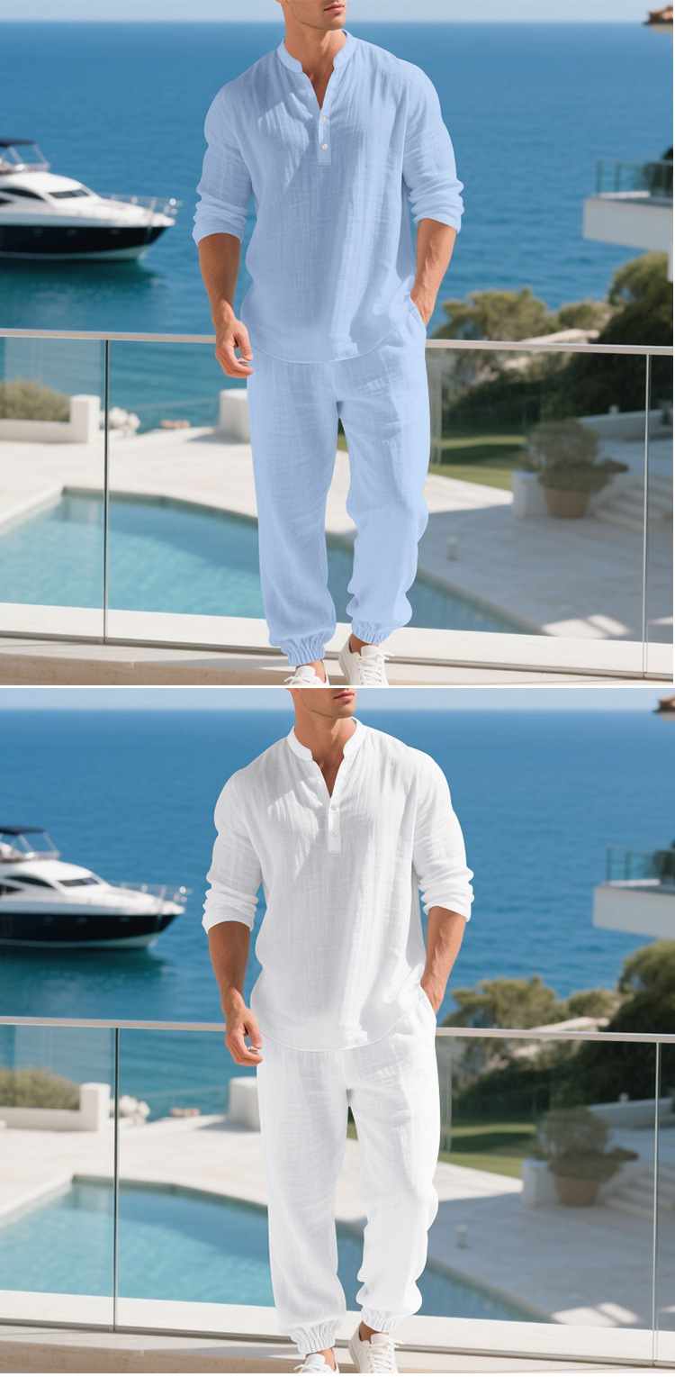 Completo uomo camicia henry e pantaloni in lino casual_voghion.com