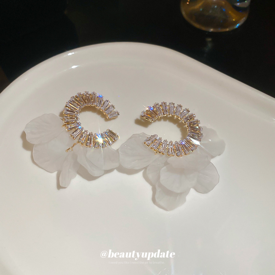 Aguja de plata, pétalo de circón, borla, pendientes en forma de C, pendientes simples y de moda para mujer, pendientes de todo fósforo, lujo ligero, pendientes de alta gama al por mayor