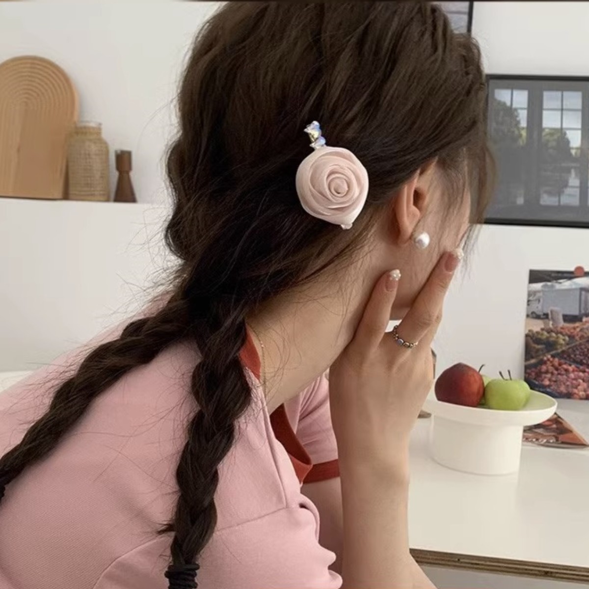 Handmade rose flower hairpin female side bangs clip simple light luxury hair accessories sweet girl side clip ins top clip